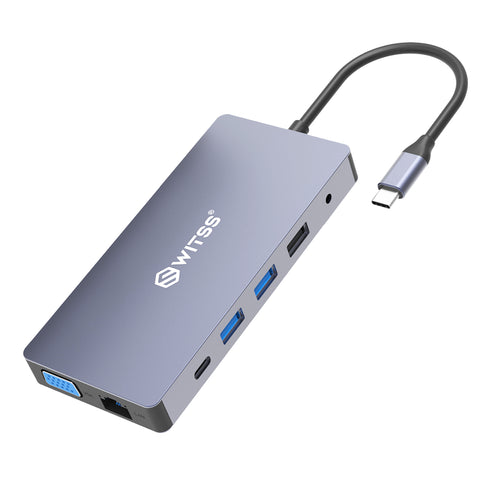 Hub USB-C 12-en-1 Switss® avec câble USB-C : deux HDMI, VGA, ethernet, USB-A, USB-C, lecteurs de cartes et audio 3,5 mm