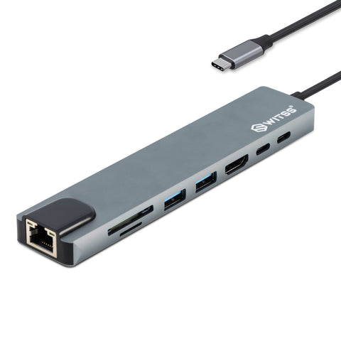 Hub USB-C 8-en-1 Switss® avec câble USB-C : HDMI, ethernet gigabit, deux USB-A, USB-C, power delivery et lecteurs de cartes SD et microSD