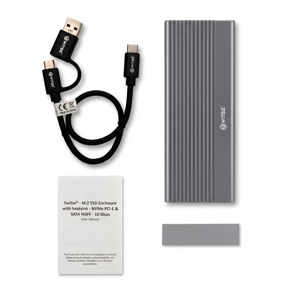 Inhoud van de doos: behuizing, 2-in-1 USB-C-kabel, handleiding en koelstrip