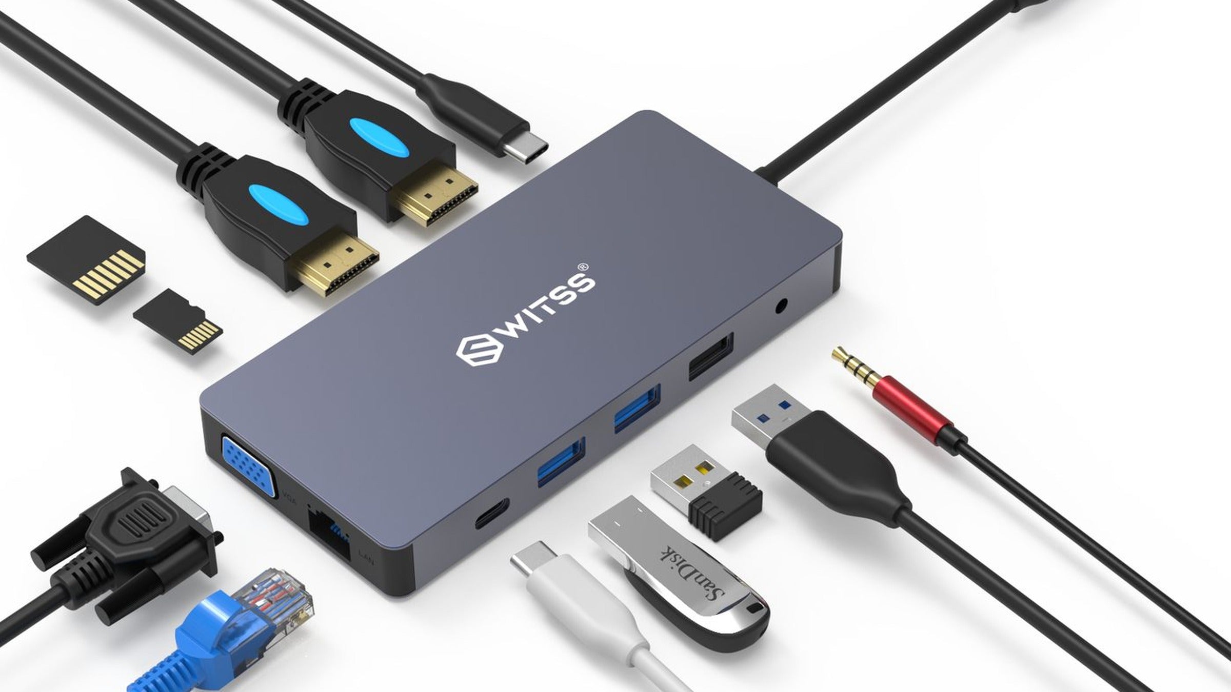 Switss® 12-in-1 USB-C hub, zilver aluminium, studio-opname