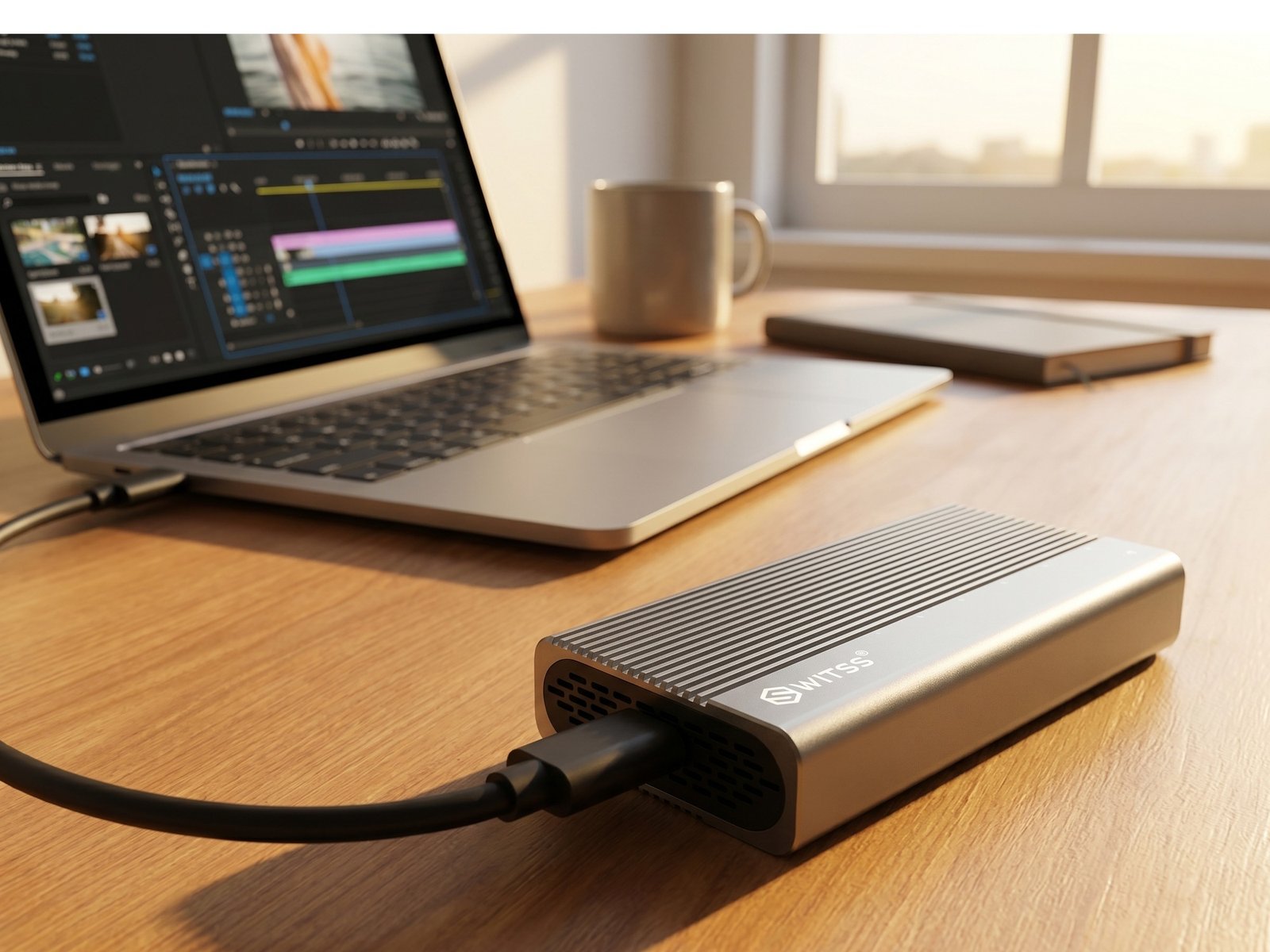 Switss® USB4 behuizing aangesloten op een laptop op een bureau