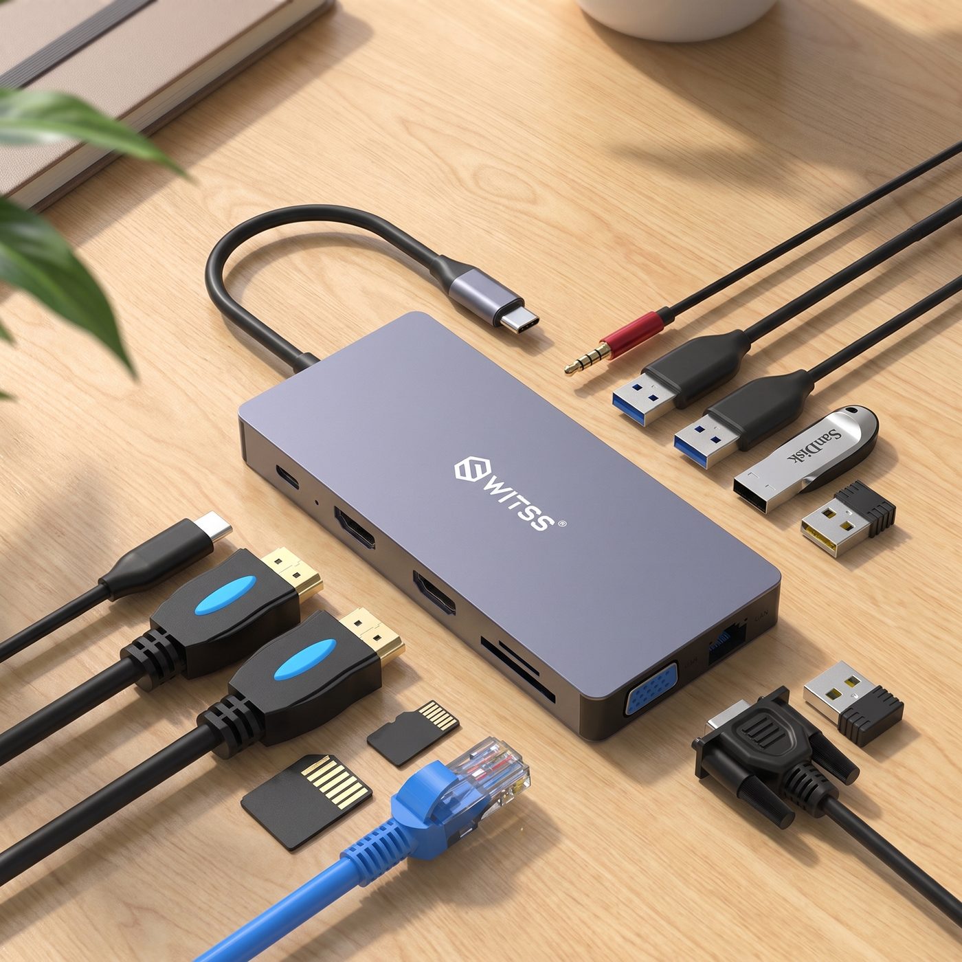 Switss® 12-in-1 hub op een houten bureau met alle losse accessoires ernaast: HDMI-kabels, SD- en microSD-kaart, USB-stick, aux-kabel en LAN-kabel