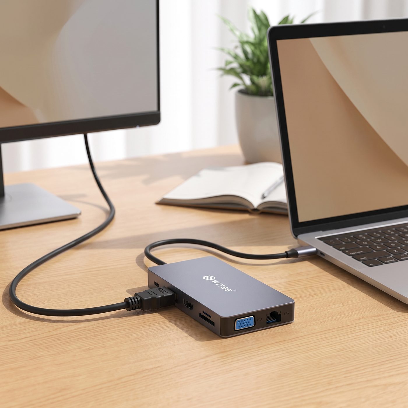 MacBook met de Switss® 12-in-1 hub aangesloten op één extern scherm via HDMI