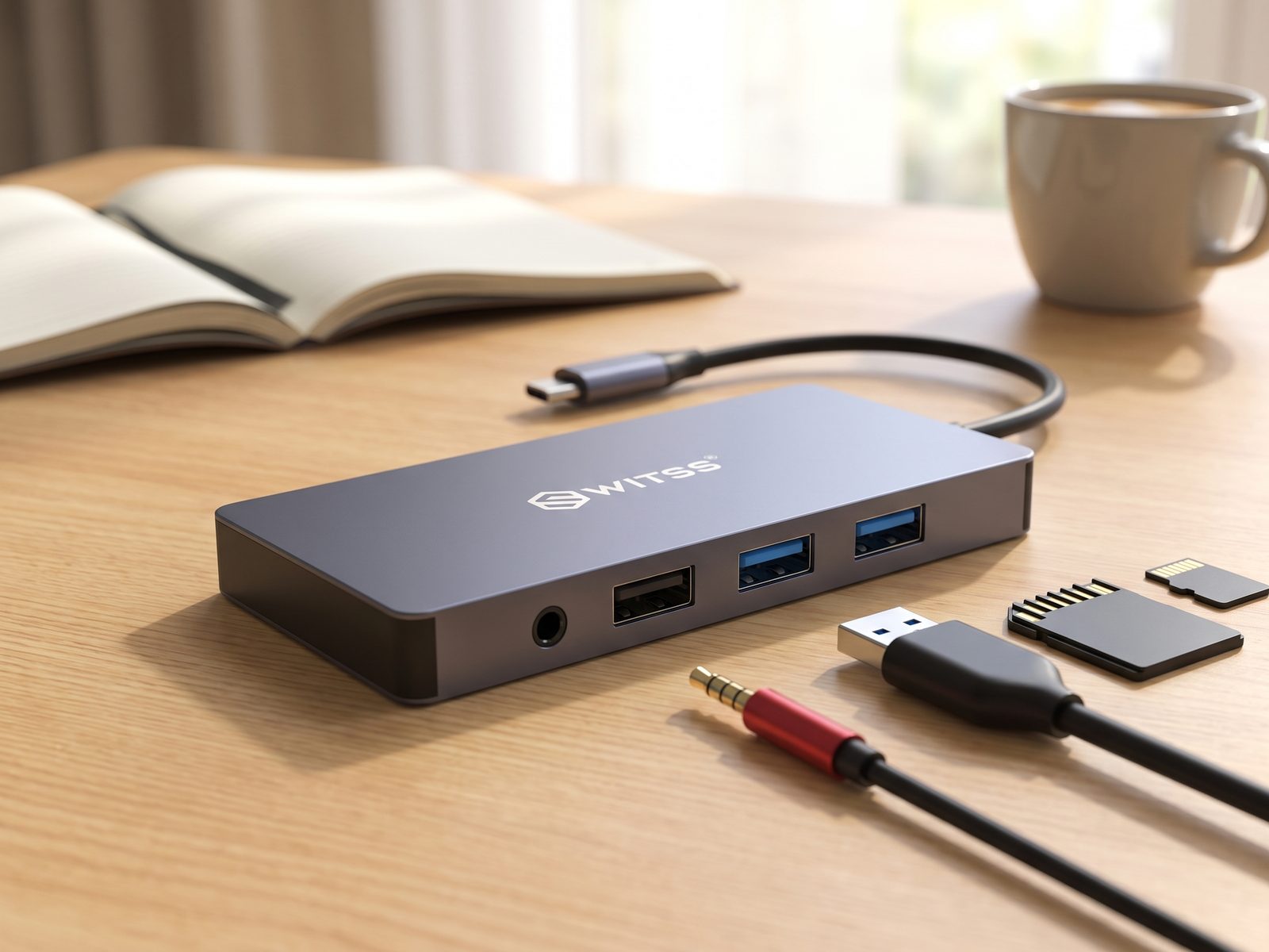Audio-jack en drie USB-A-poorten op de Switss® 12-in-1 hub, met een SD- en microSD-kaart ernaast