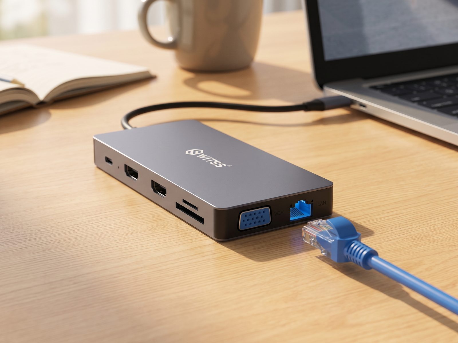 Switss® 12-in-1 hub op een bureau naast een laptop, netwerkkabel klaarliggend bij de ethernetpoort