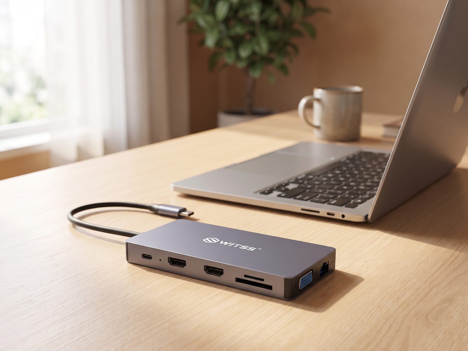 Switss® 12-in-1 hub met WITSS-logo op een bureau naast een laptop, gebruiksklaar op Windows en Mac