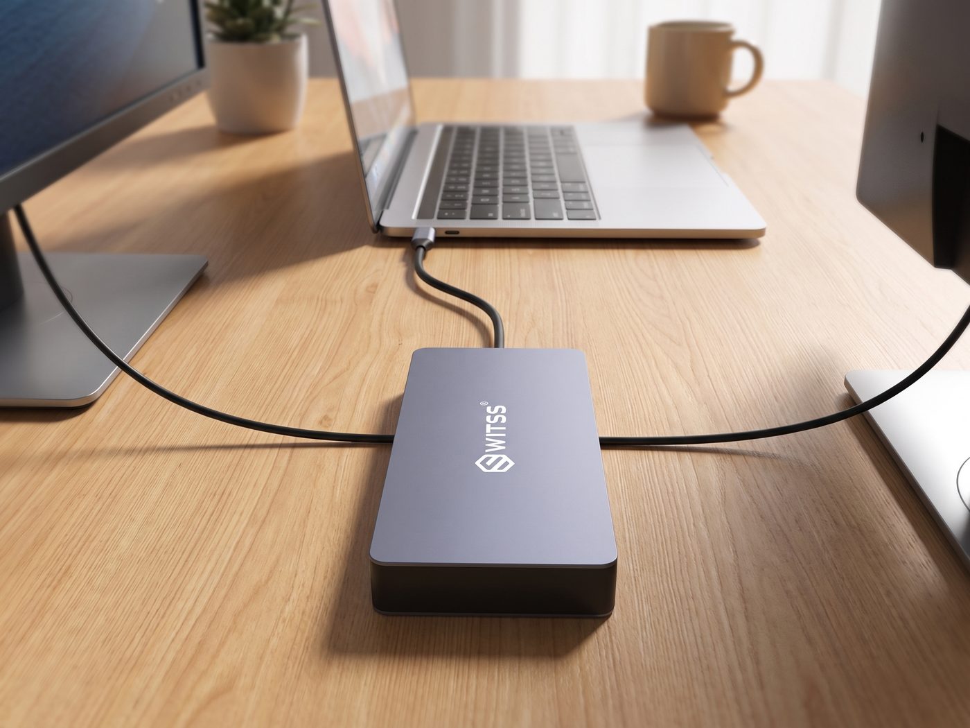 Switss® 12-in-1 hub aangesloten op twee externe schermen naast een laptop, drie schermen tegelijk