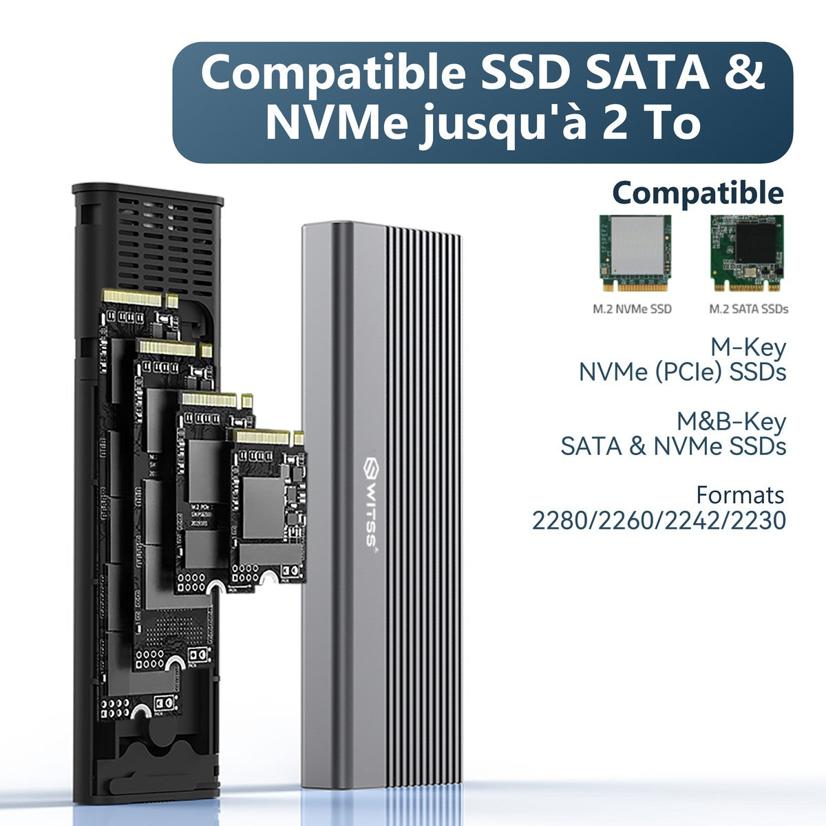 Boîtier ouvert avec un SSD M.2 dans le connecteur