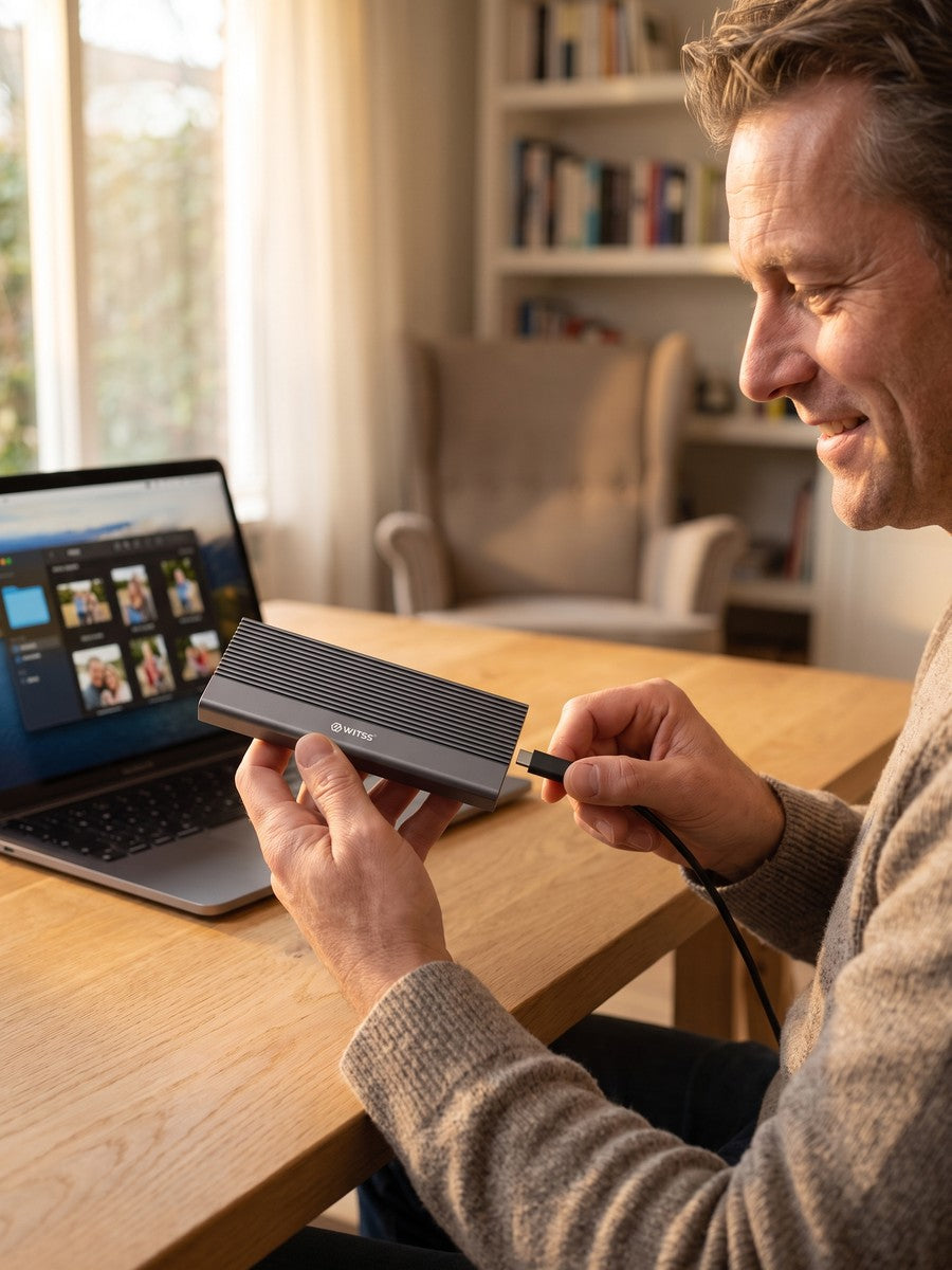 Man sluit de Switss M.2-behuizing via USB-C aan op zijn laptop