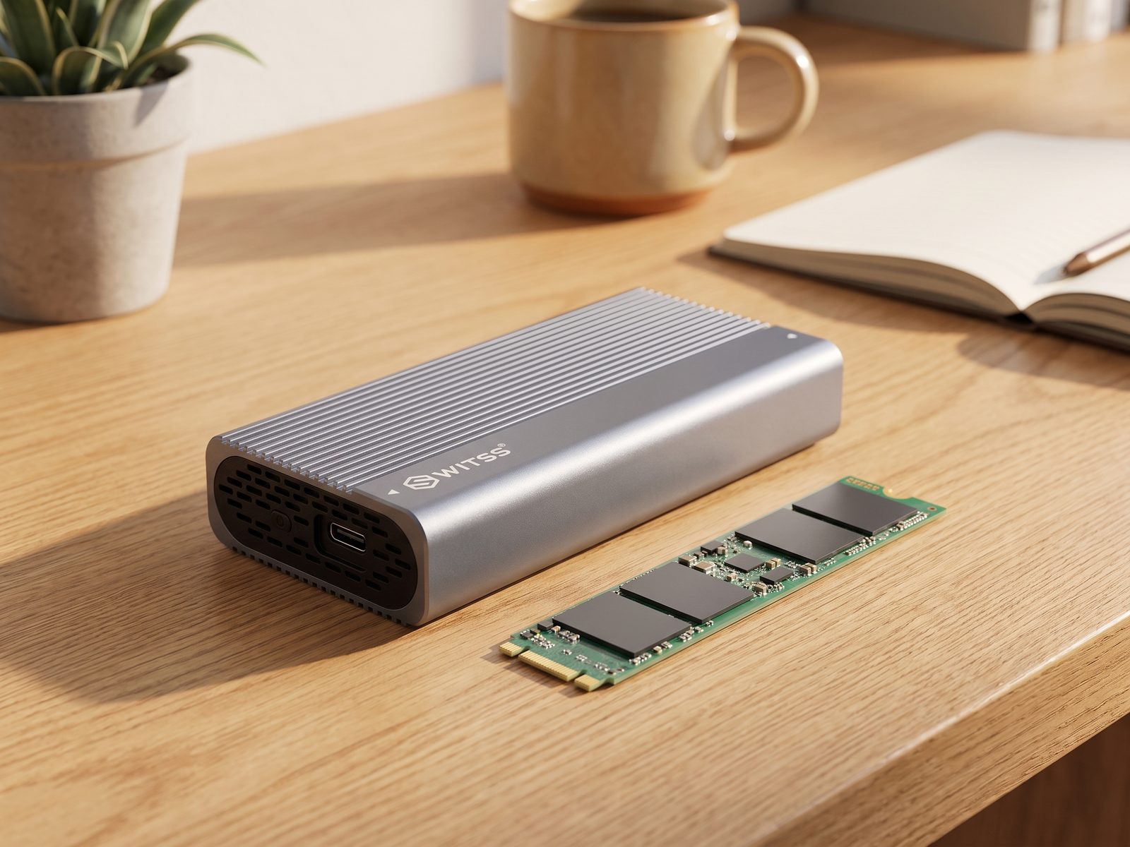 Switss® USB4 M.2 behuizing op een bureau met een losse M.2 NVMe SSD ernaast