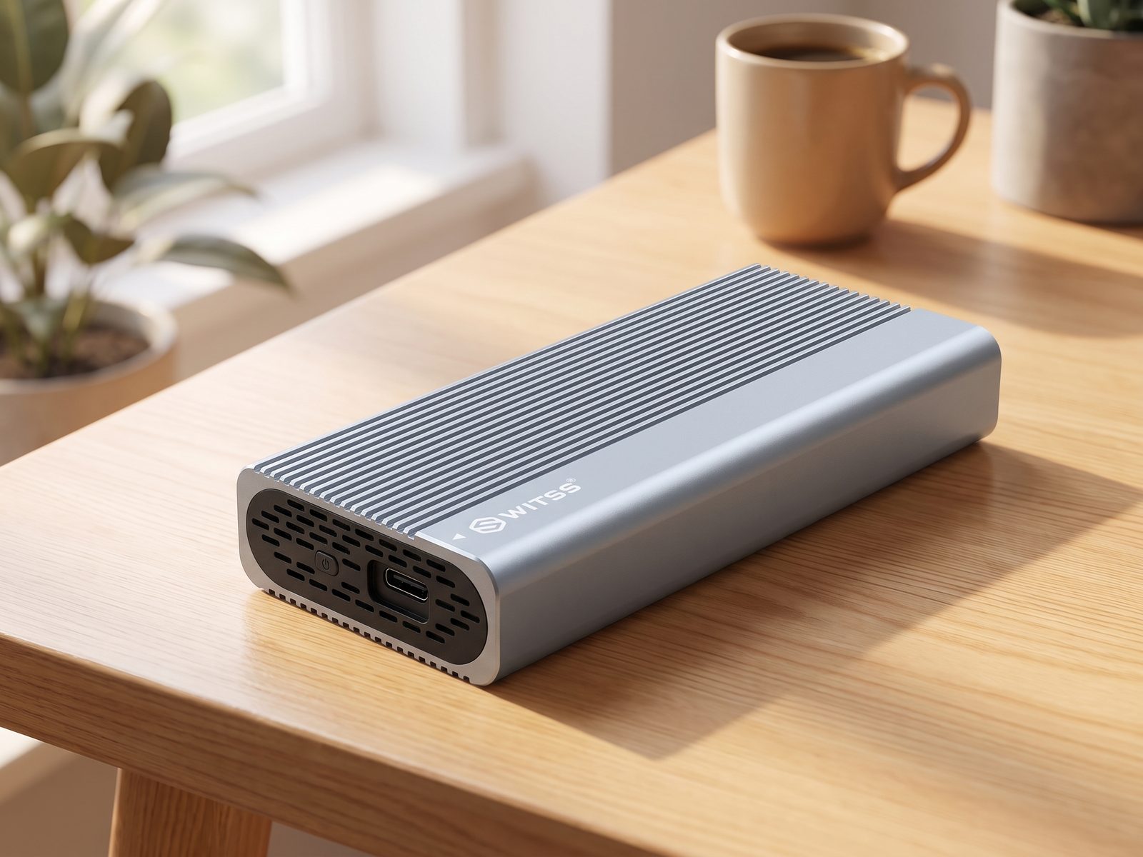 Switss® USB4 M.2 behuizing op een bureau, aluminium heatsink-ribbels over de volle lengte