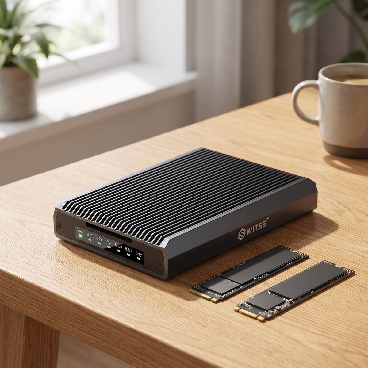 Switss® RAID Dual-Bay behuizing op een bureau met twee losse M.2 SSD's (NVMe en SATA) ernaast