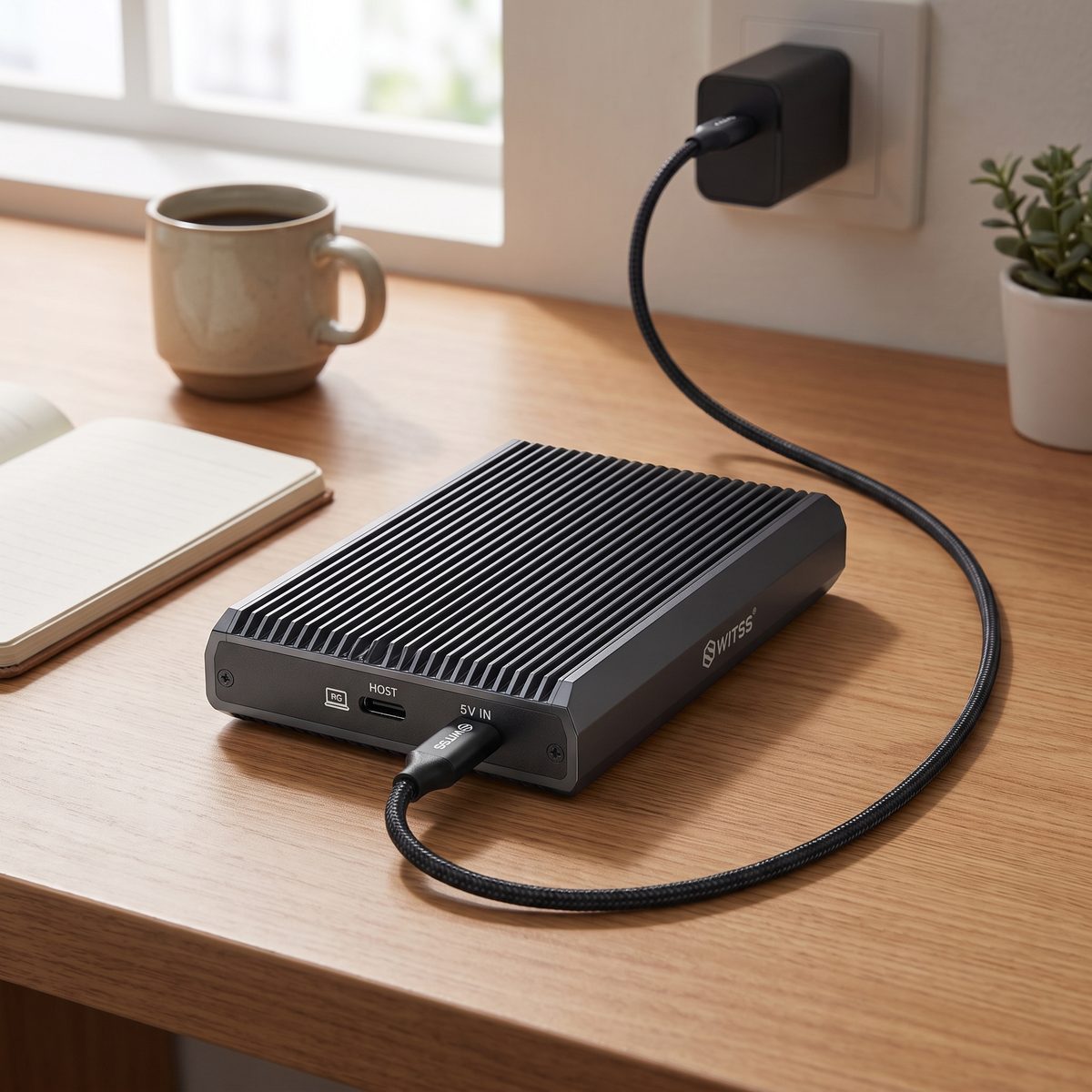 Achterpaneel van de Switss® RAID Dual-Bay behuizing met USB-C lader aangesloten op de 5V IN-poort voor SSD's tot 2× 8 TB