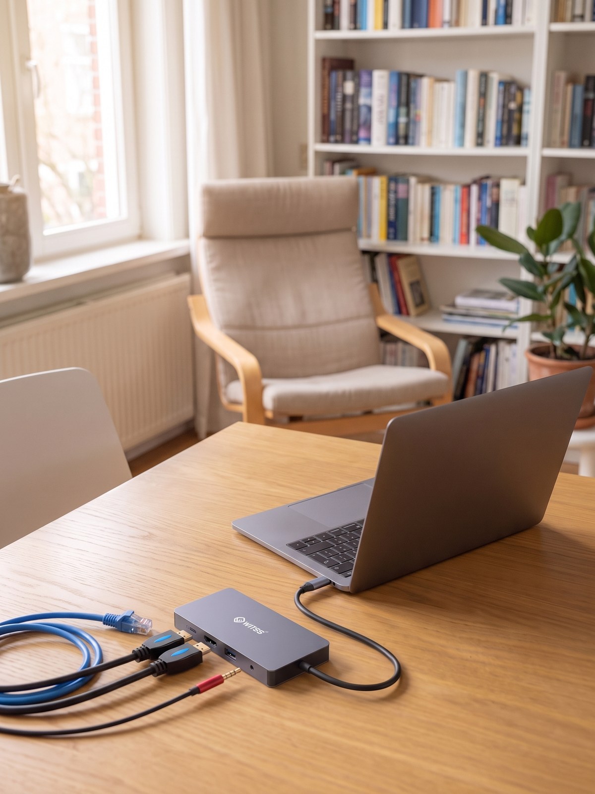 Switss 12-in-1 hub op een bureau, met één USB-C-kabel aangesloten op een laptop