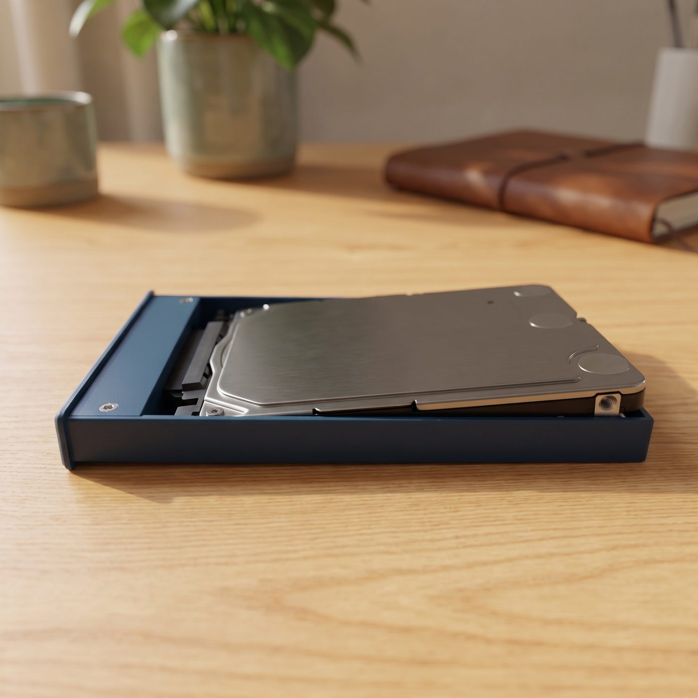 A 2.5 inch drive slides halfway into the tray of the blue Switss enclosure