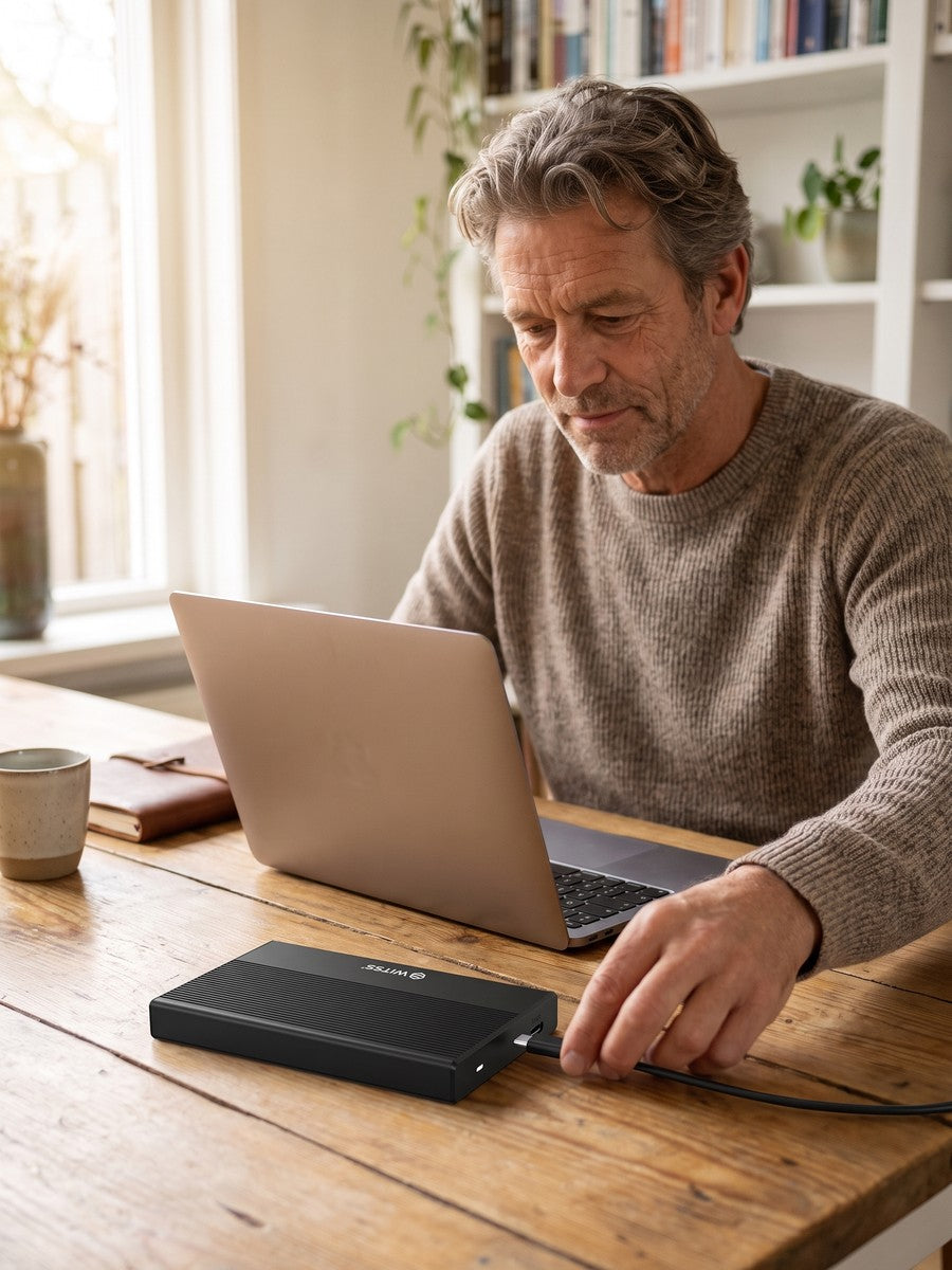 A man connects the 2.5 inch enclosure to his laptop at the dining table