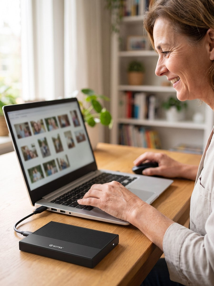 A woman looks at old photos while the enclosure is connected next to the laptop