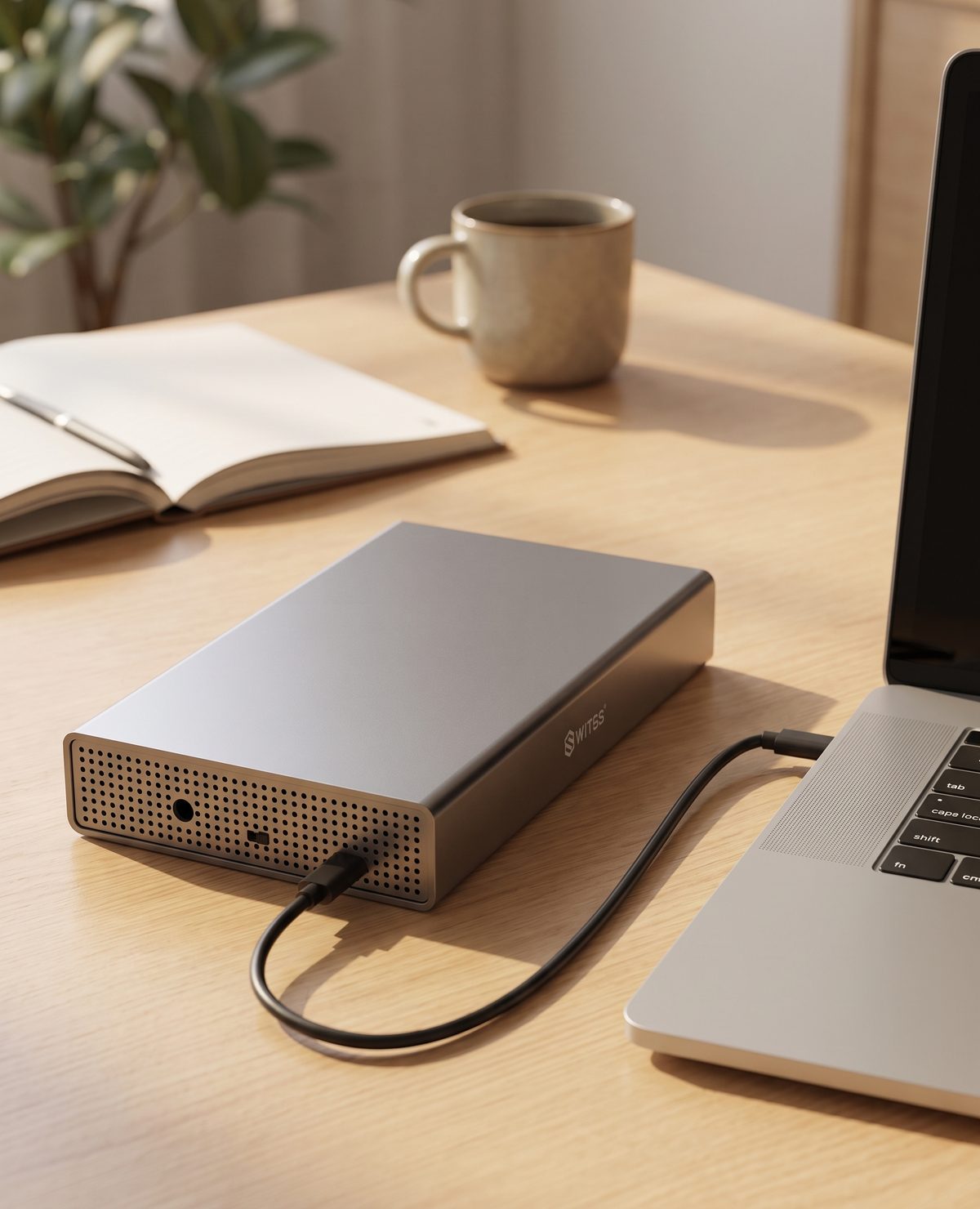Switss® 3.5 inch behuizing op een bureau, met USB-C kabel aangesloten op een laptop