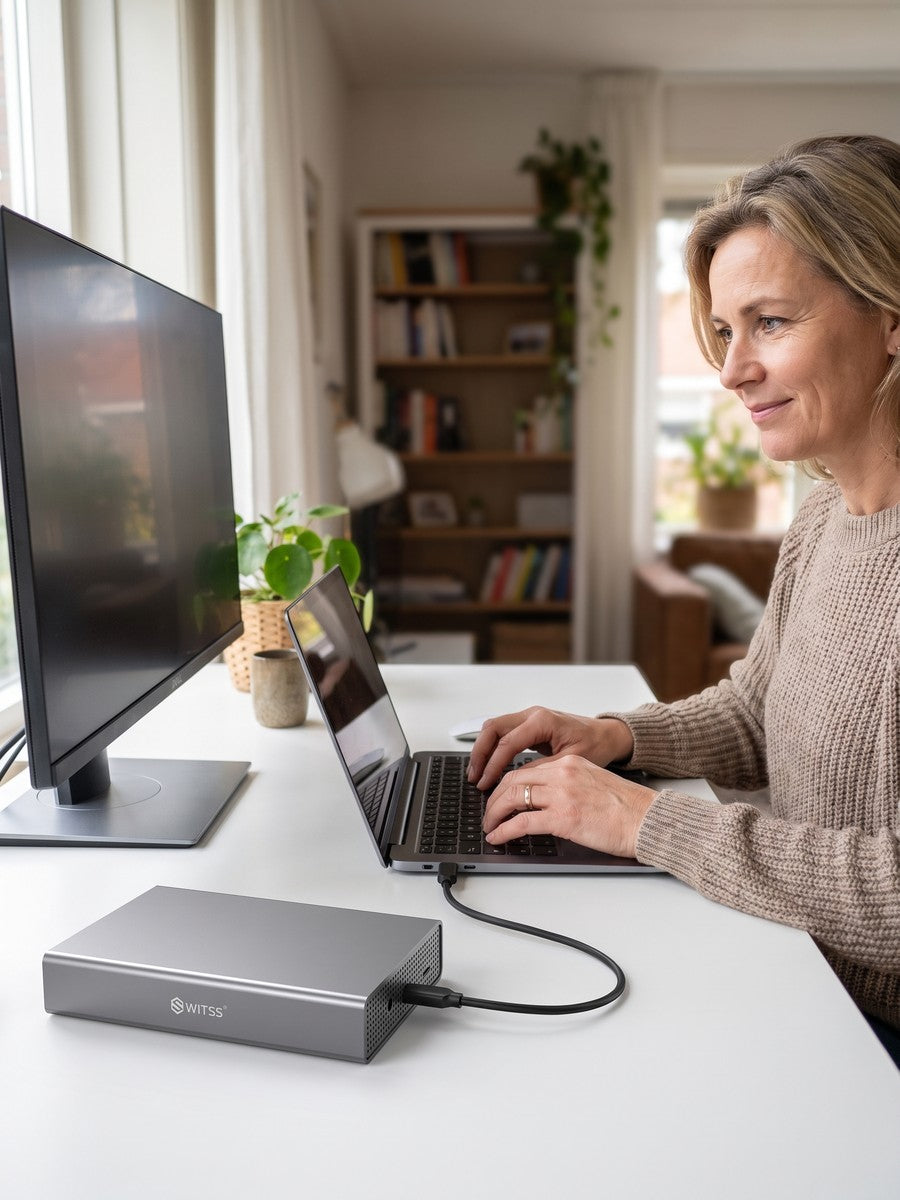 Vrouw werkt aan een bureau met laptop en monitor, de 3,5 inch behuizing ernaast