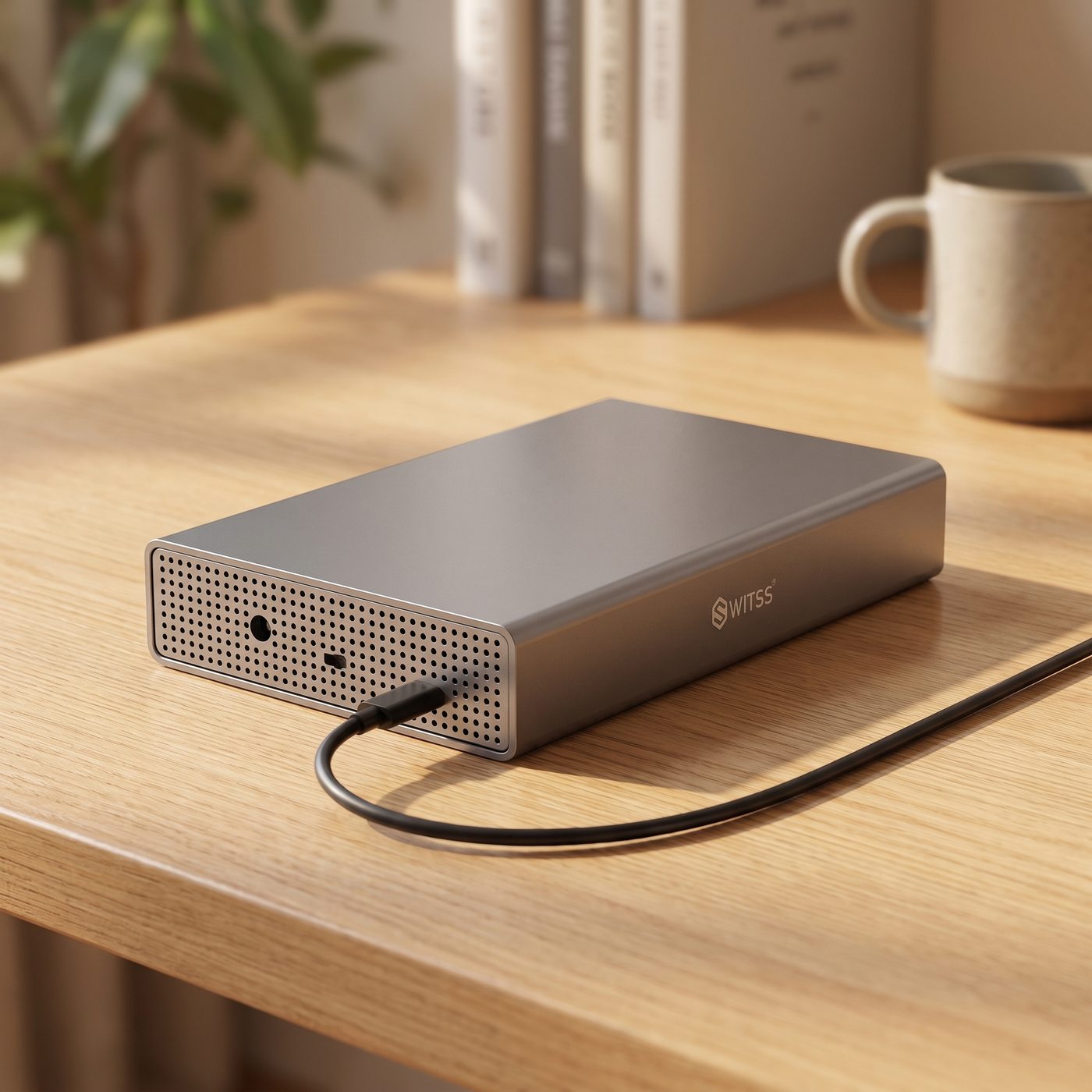Switss® 3.5 inch behuizing met USB-C aansluiting op de voorzijde, close-up