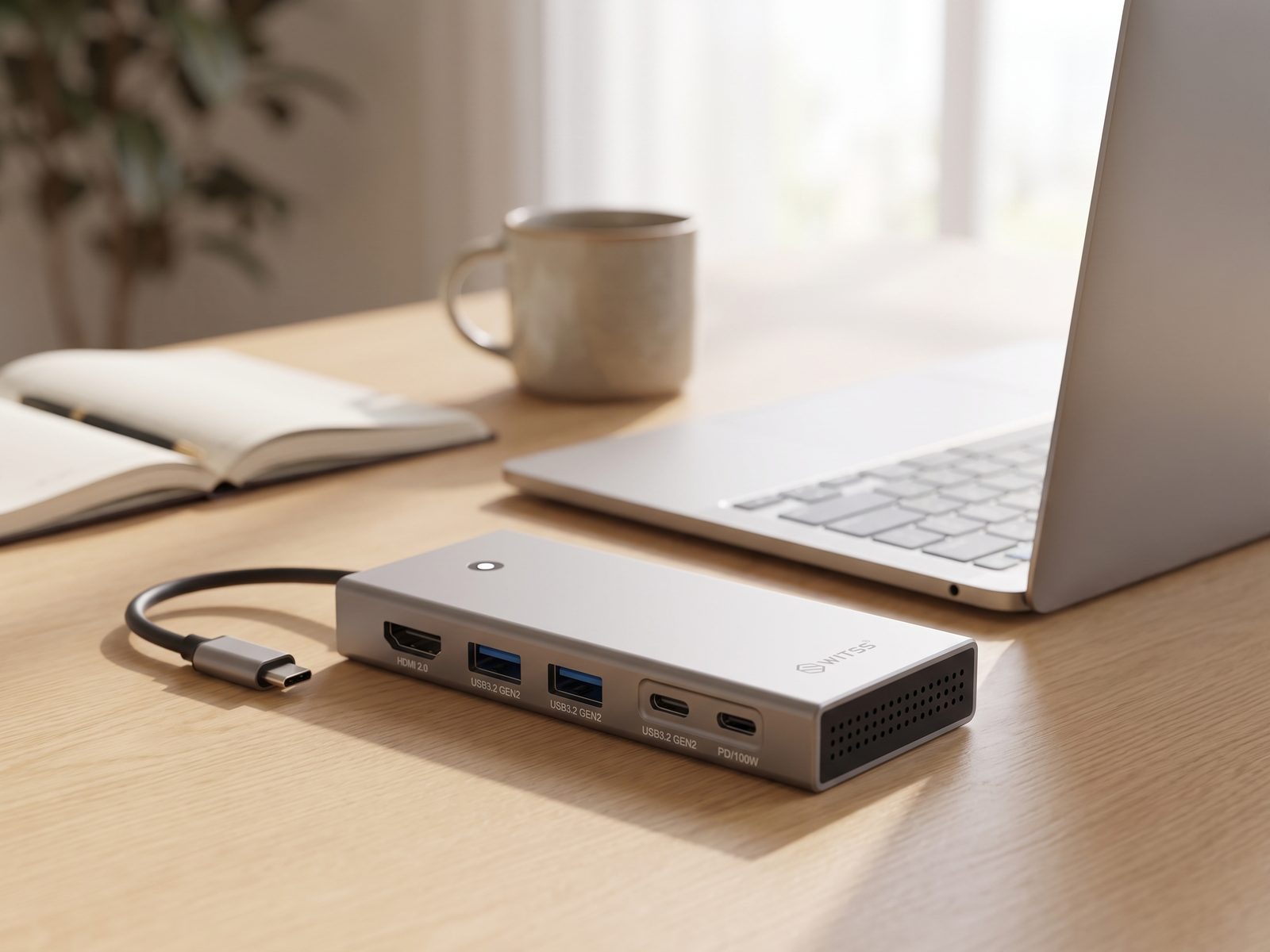 Dock Switss® posé à côté d'un ordinateur portable, câble USB-C hôte posé à proximité, panneau de ventilation alvéolé visible