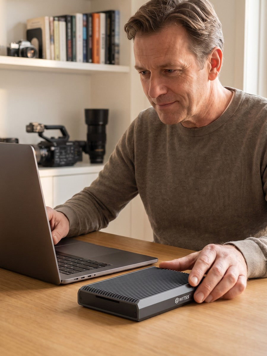 Man archiveert videoprojecten met de RAID-behuizing naast de laptop