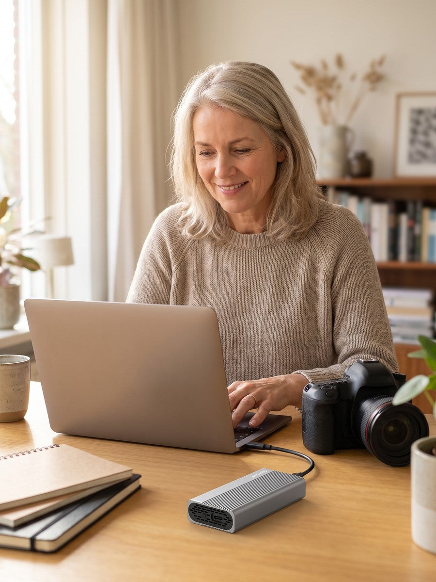 Fotografe met camera en de USB4-behuizing aangesloten op haar laptop