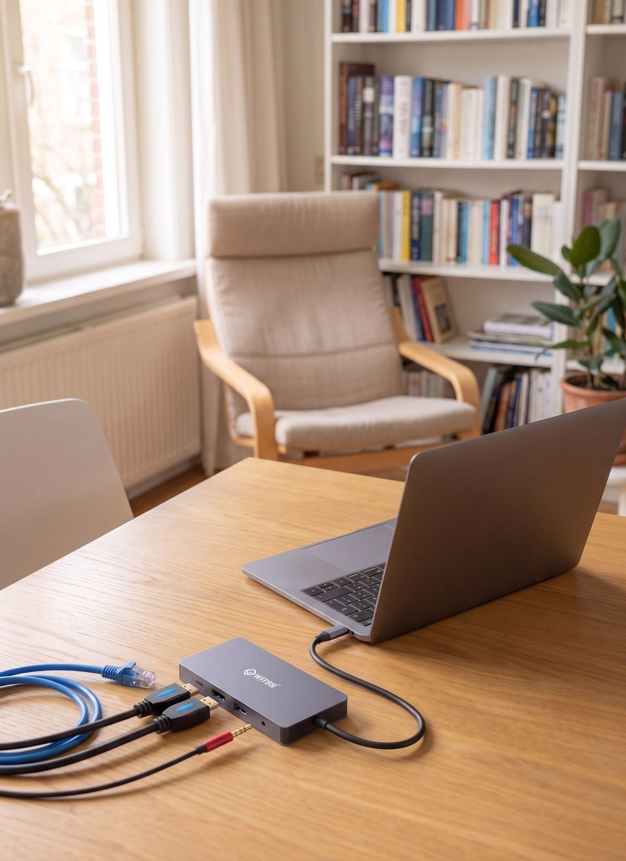 Hub USB-C Switss® connecté à un ordinateur portable sur un bureau à domicile