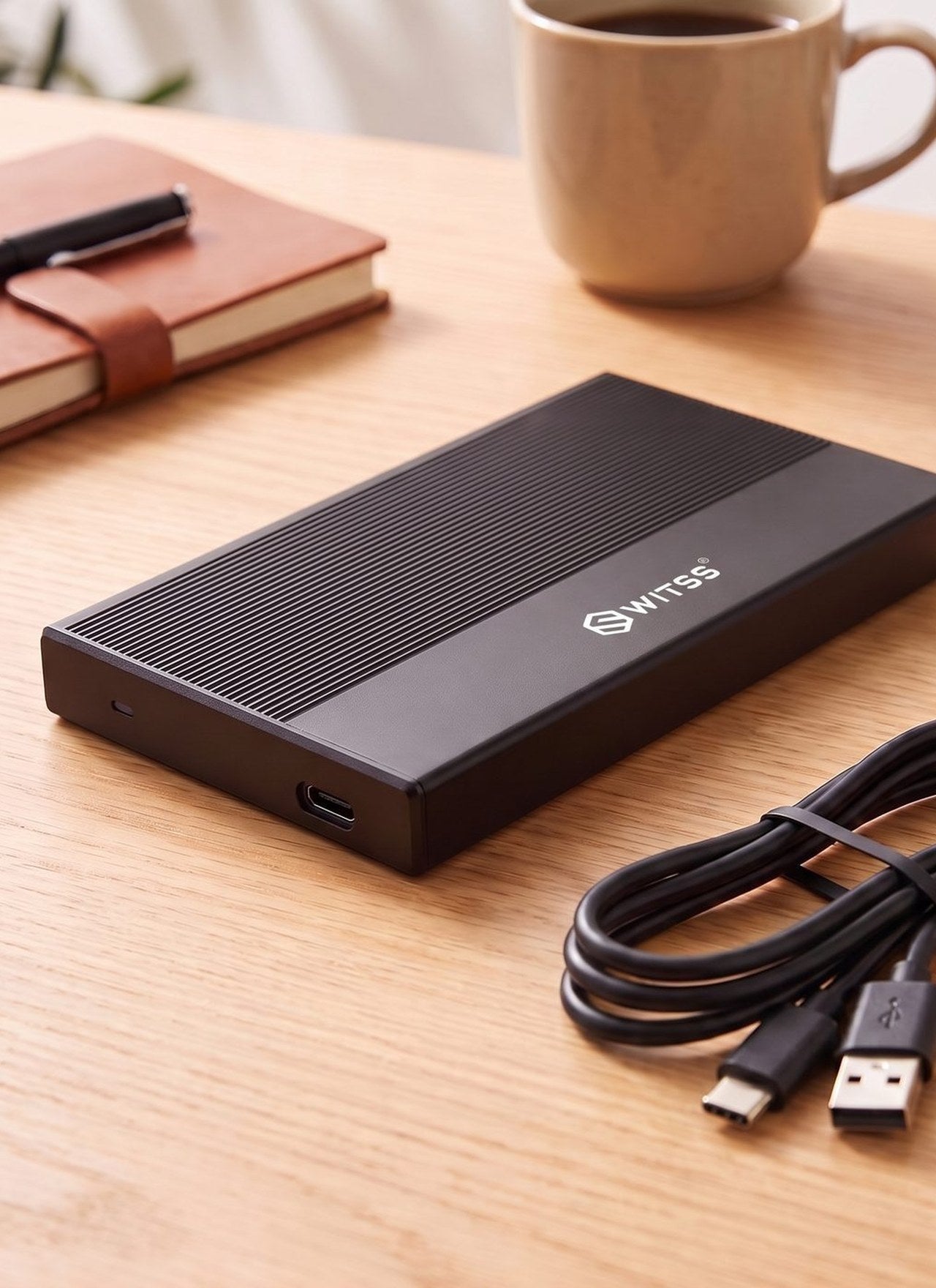 Boîtier SSD 2,5 pouces Switss® avec un câble USB-C sur un bureau