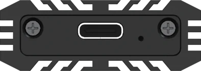 Vooraanzicht van de behuizing, met de USB-C-poort, het statuslampje en de twee schroefjes