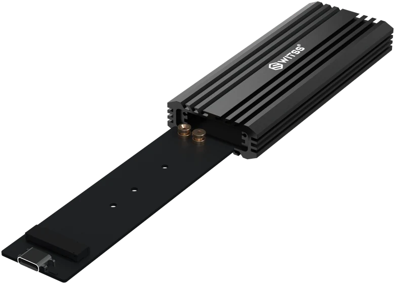 Behuizing met de lade half naar buiten geschoven aan de USB-C-kant