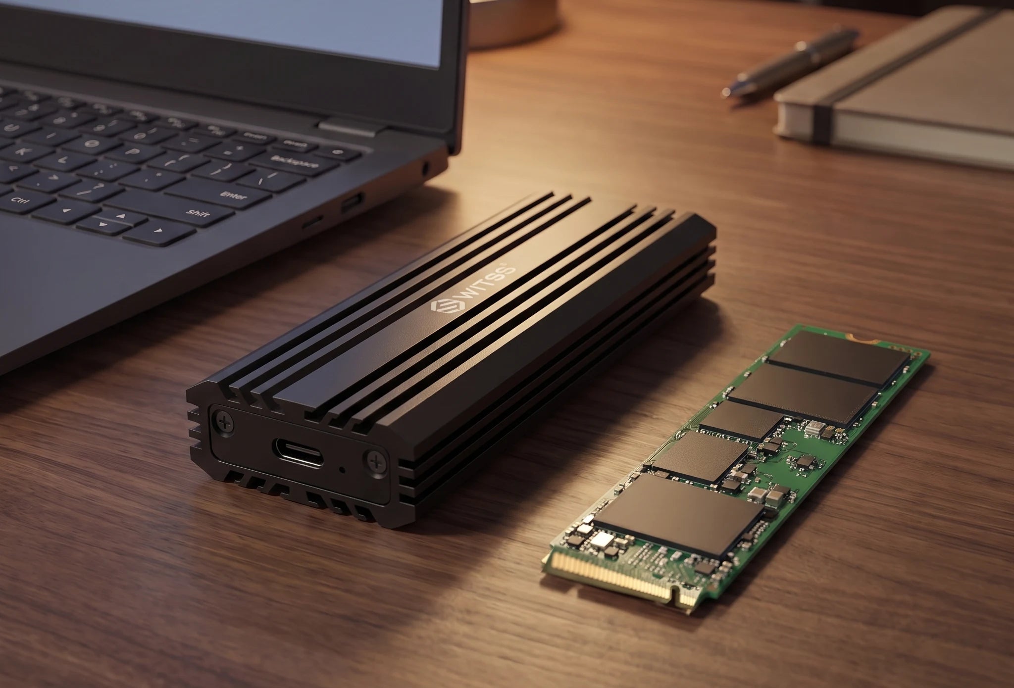 De Switss M.2 behuizing op een houten bureau, met een losse M.2 NVMe SSD ernaast en een laptop op de achtergrond