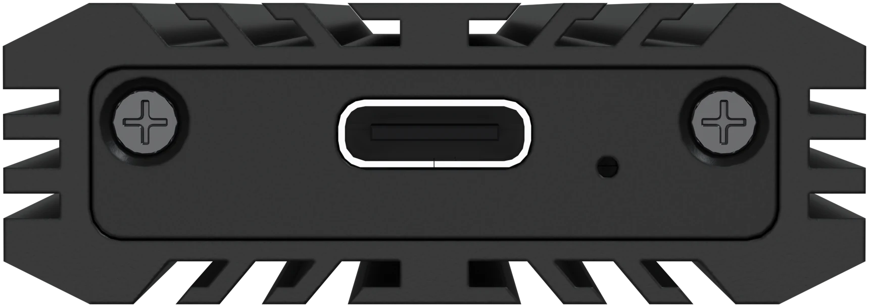 Voorkant van de behuizing: het plaatje met twee kruiskopschroefjes, in het midden de USB-⁠C-poort en rechts daarvan het statuslampje, met koelribben boven en onder