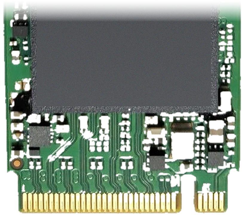 Connectorkant van een M.2 SSD met de chips naar boven, de gouden rand naar beneden en de inkeping aangewezen