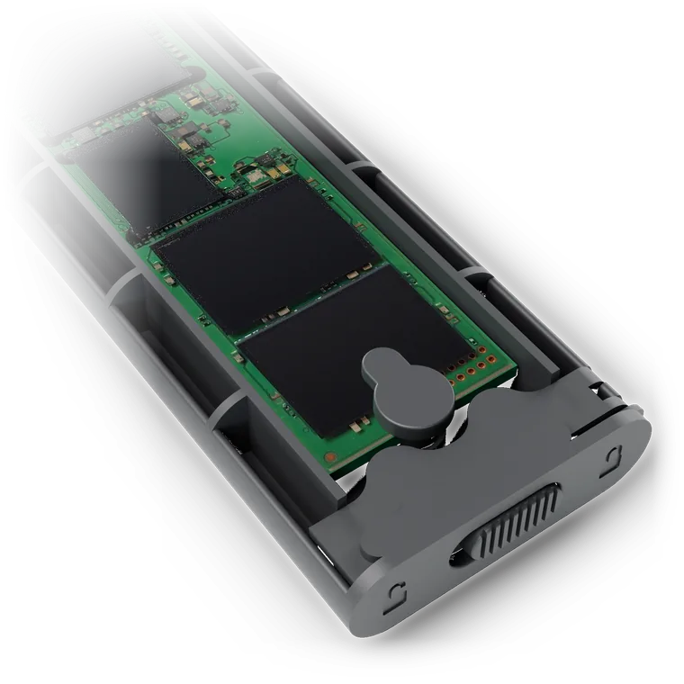 Close-up van het siliconen plugje dat de SSD in de lade vasthoudt