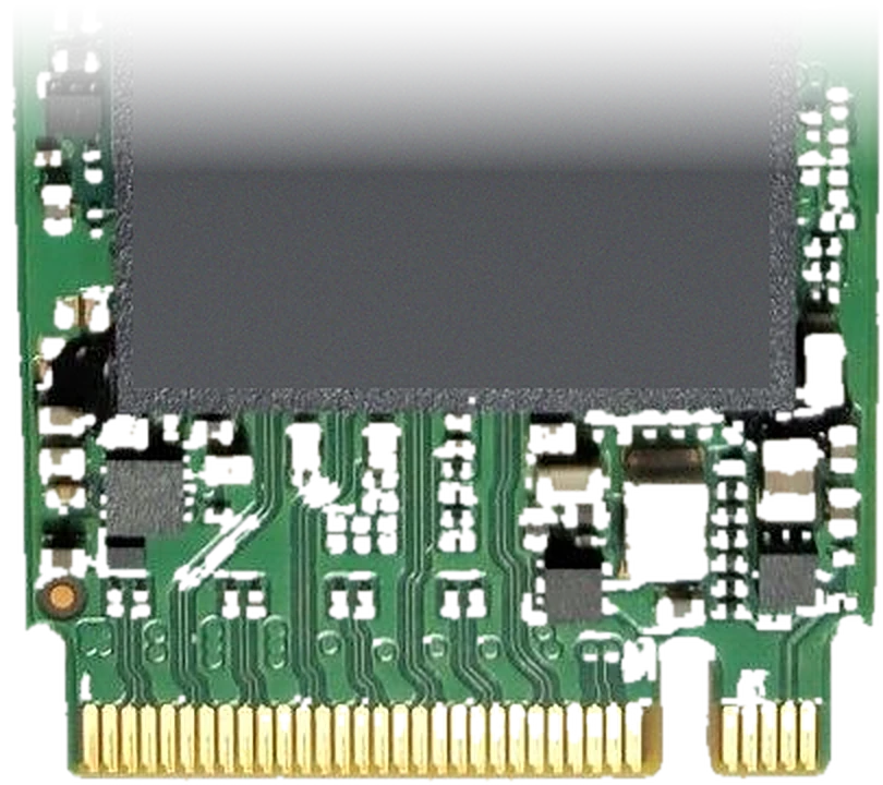 Connectorkant van een M.2 SSD met de chips naar boven, de gouden rand naar beneden en de inkeping aangewezen