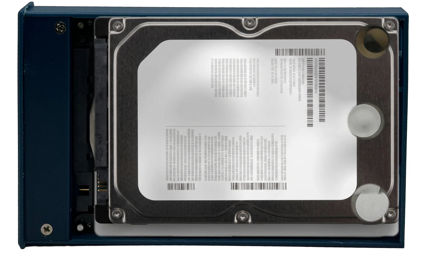 Top view of the open Switss 2.5 inch enclosure with a 2.5 inch drive on the frame, the SATA connector on the left