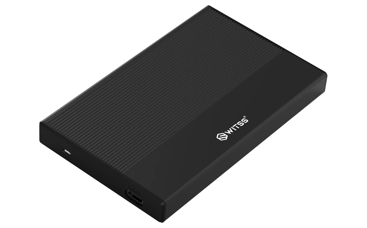 The black enclosure seen from the front at an angle: the ribbed top and the USB-C port in the short side