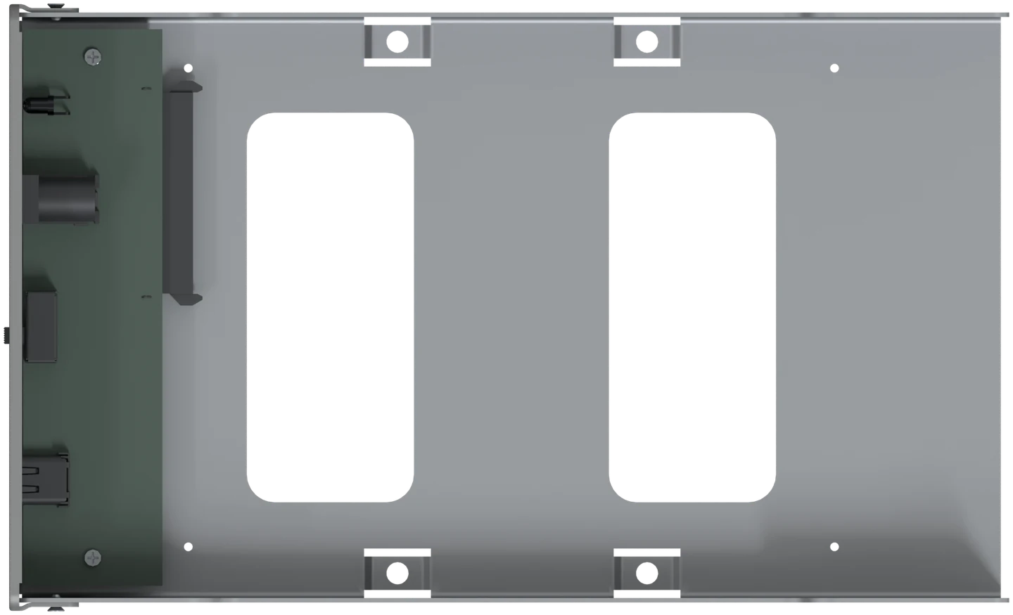 Vue de dessus du cadre vide, avec l’emplacement d’un disque 3,5 pouces et d’un disque 2,5 pouces contre le même connecteur