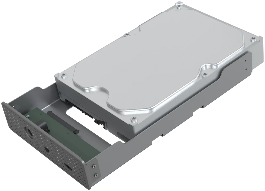 Cadre avec un disque dur 3,5 pouces glissé sur le connecteur, avec un cercle autour du connecteur