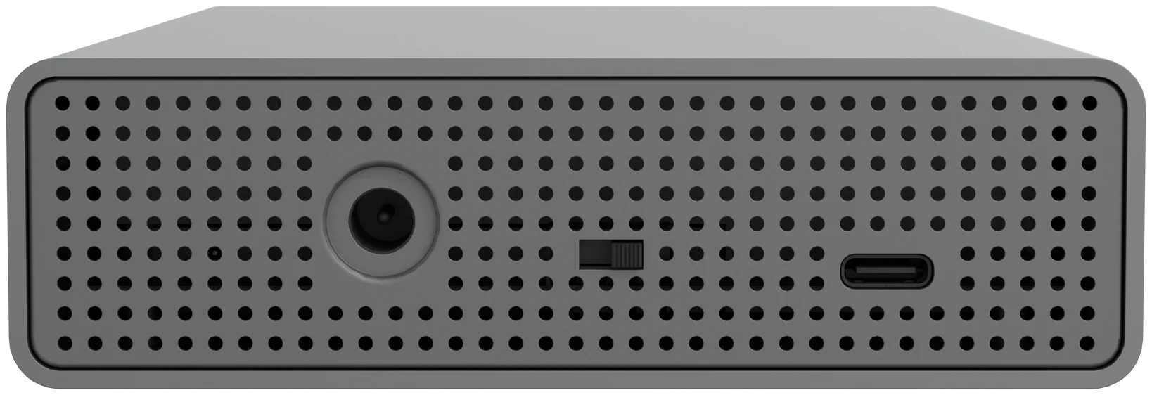 Face avant du boîtier : le capot avant perforé avec la prise d’alimentation ronde, l’interrupteur marche/arrêt et le port USB-C
