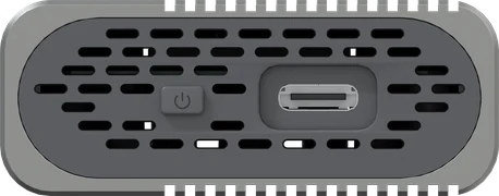 Front view of the enclosure, with the power button and the USB-C port