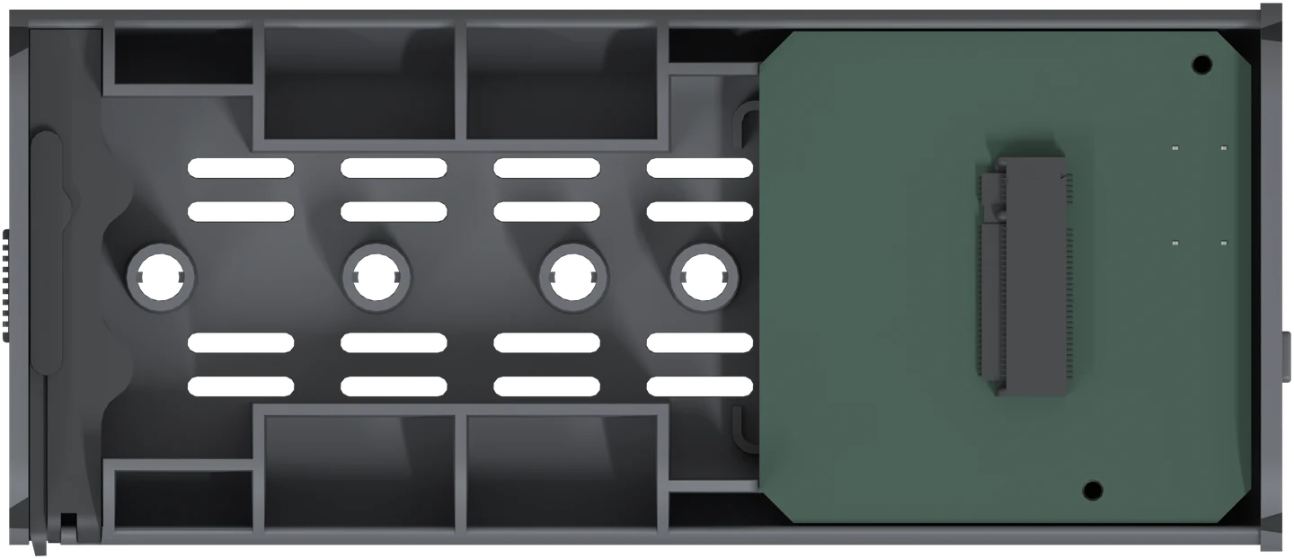 Top view of the empty tray with the four plug positions: 2280, 2260, 2242 and 2230
