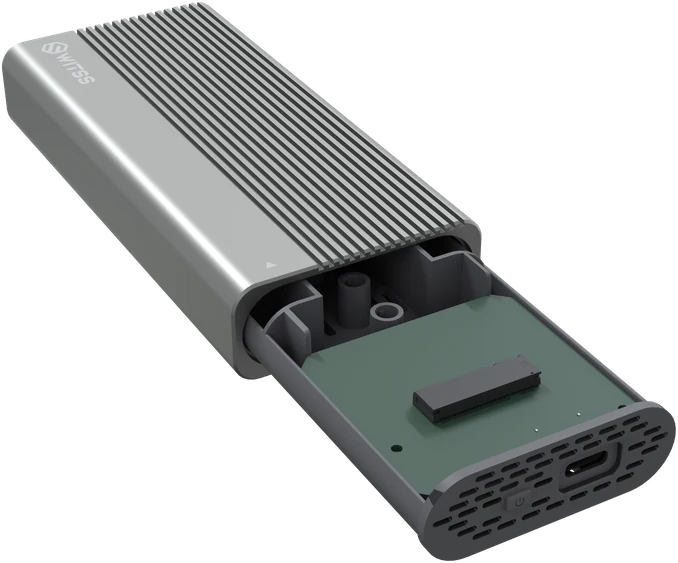 Enclosure with the tray slid halfway out at the USB-C end