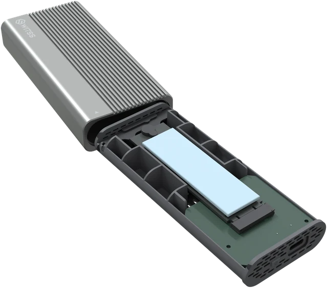 Tray with the SSD sliding back into the enclosure at an angle