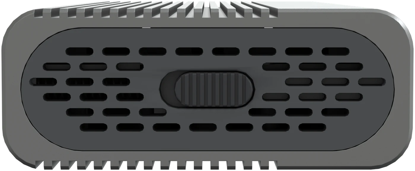 Back of the enclosure: the sliding lock in the middle of the rear cap, with cooling fins above and below