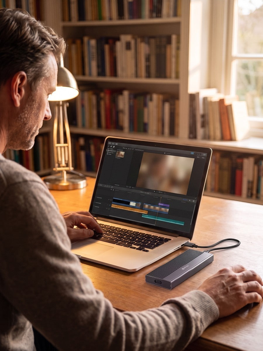 Man werkt aan een bureau met boekenwand, de Switss M.2-behuizing aangesloten op zijn laptop