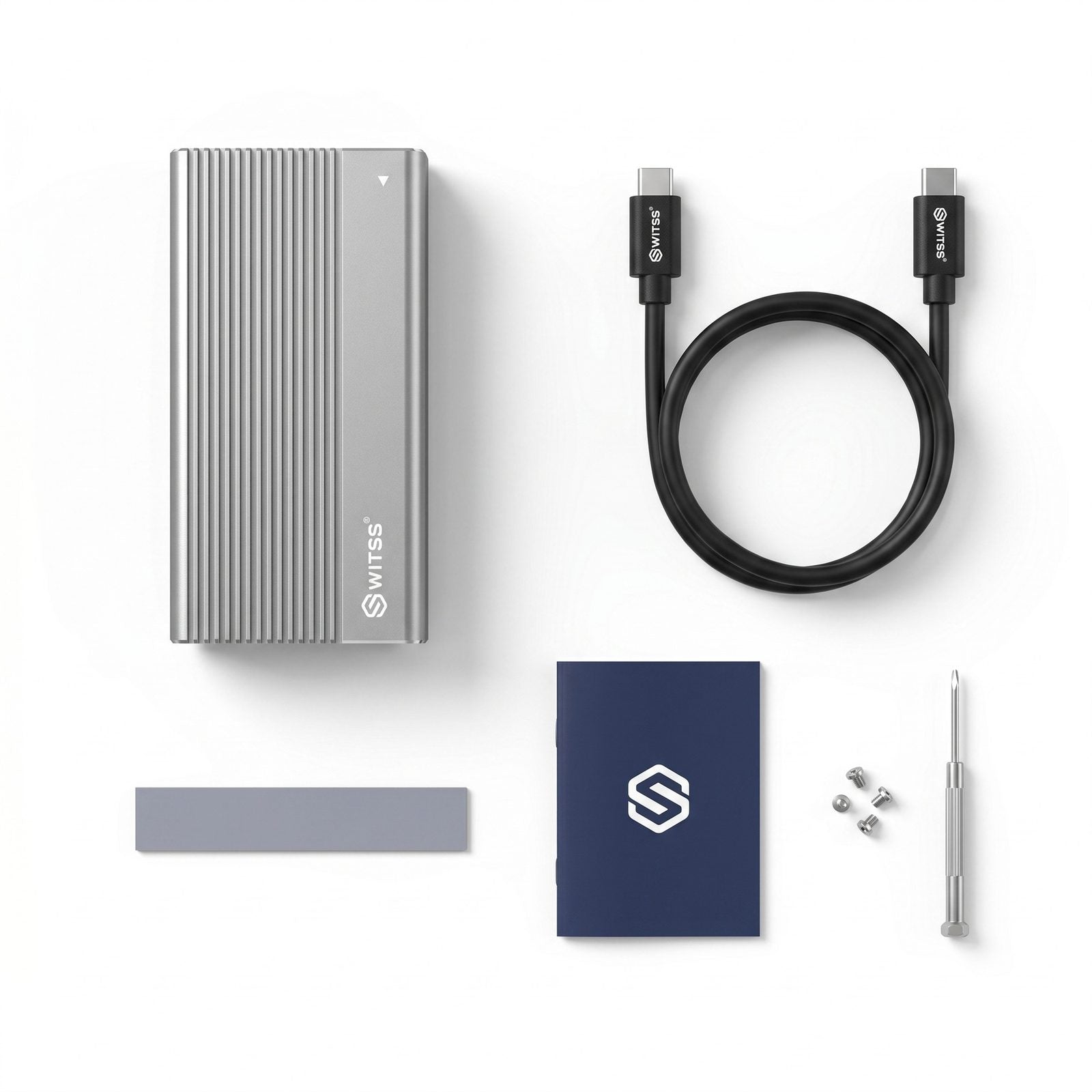 Inhoud van de doos: Switss® USB4 M.2 behuizing, USB-C kabel, thermisch pad, handleiding en schroeven met schroevendraaier