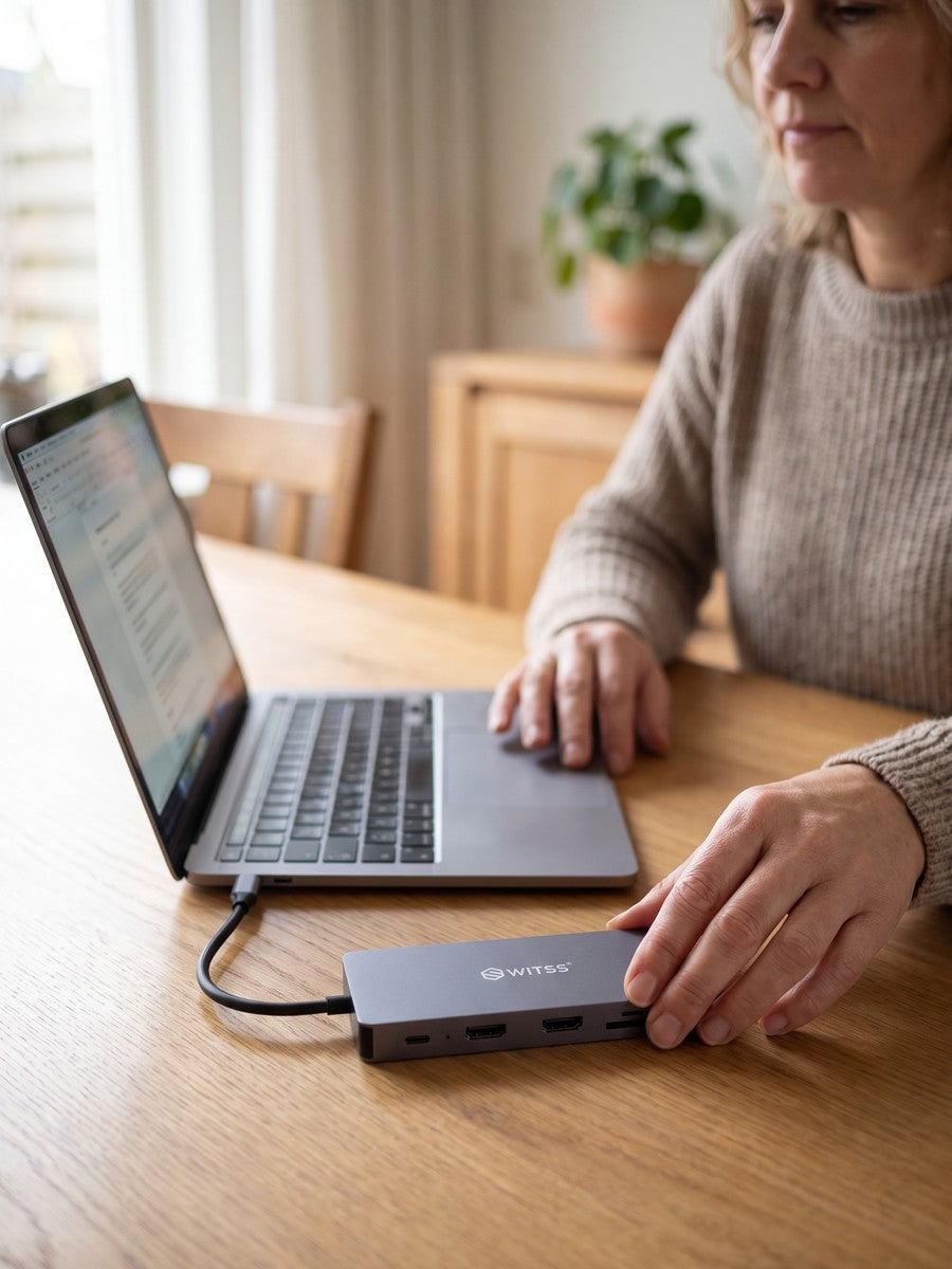 Thuiswerkplek met laptop aangesloten op de Switss 12-in-1 hub, vrouw ernaast