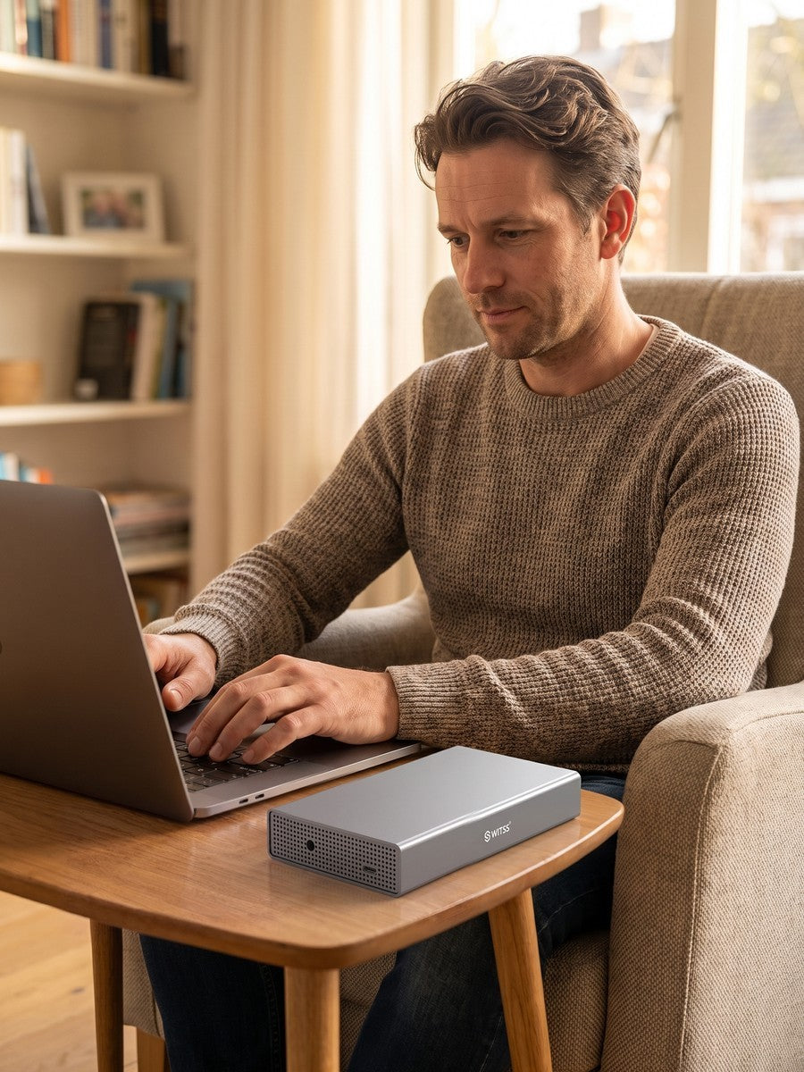 Man ontspannen in een fauteuil met laptop, de 3,5 inch behuizing op een bijzettafel